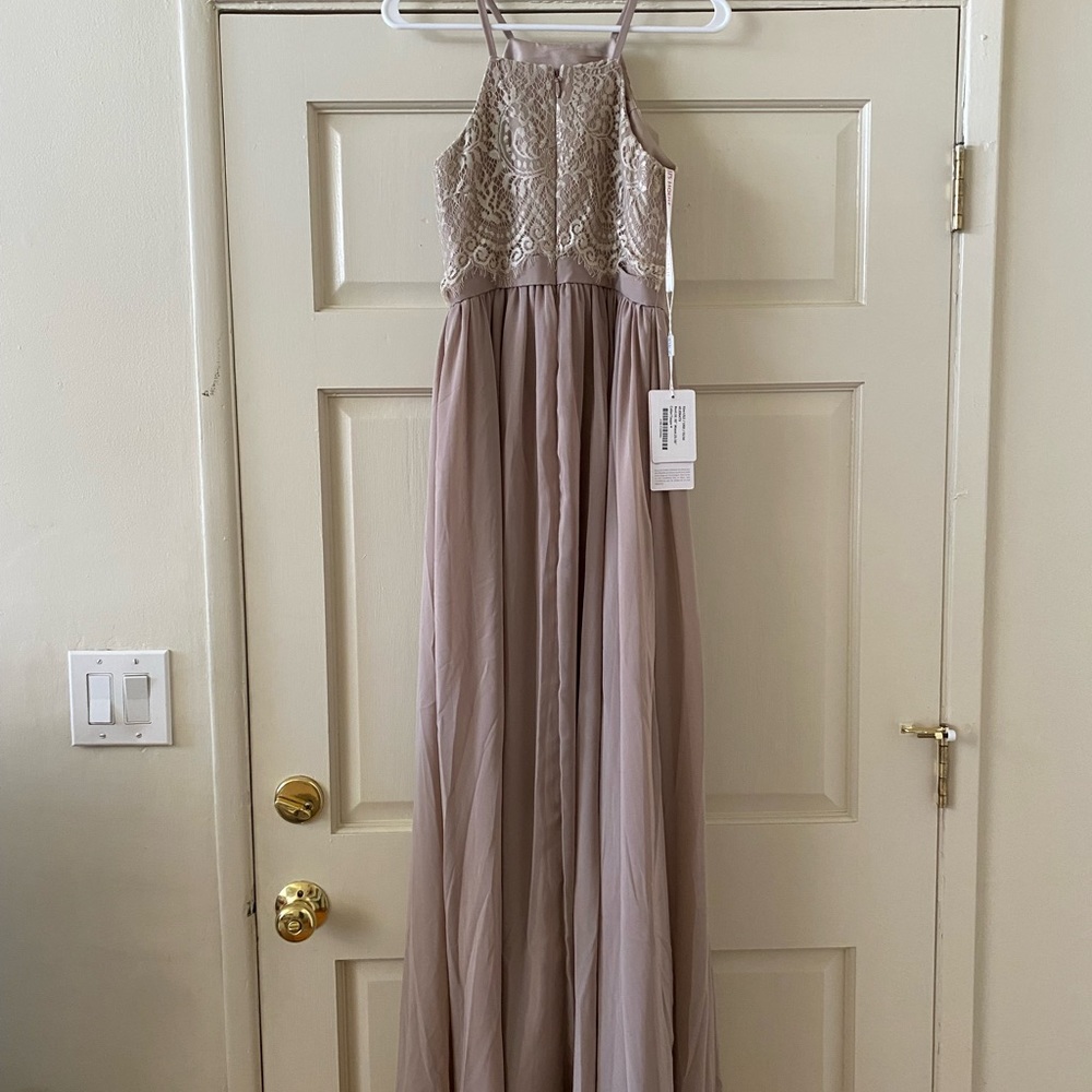 JJs House Taupe A-Line High Neck Floor-Length Chiffon and Lace Dress - Picture 3 of 5
